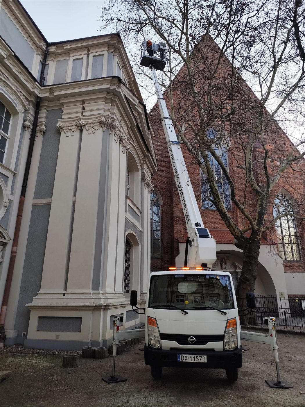 Sekcyjne usuwanie konarów drzewa przy budynku